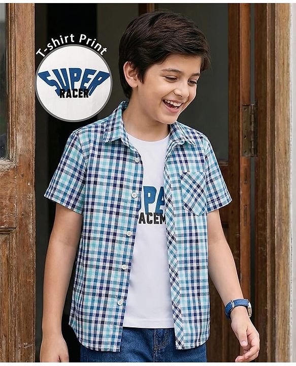 Pine Kids Cotton Woven Half Sleeves Checks Shirt With Sleeveless Text Printed T-Shirt - Light Blue White & Navy Blue