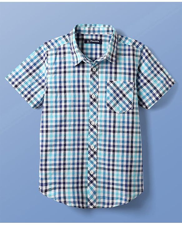 Pine Kids Cotton Woven Half Sleeves Checks Shirt With Sleeveless Text Printed T-Shirt - Light Blue White & Navy Blue
