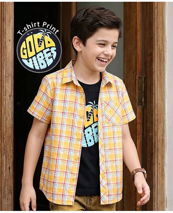 Pine Kids Cotton Woven Half Sleeves Checks Shirt With Sleeveless Text Printed T-Shirt - Yellow Orange & Navy Blue