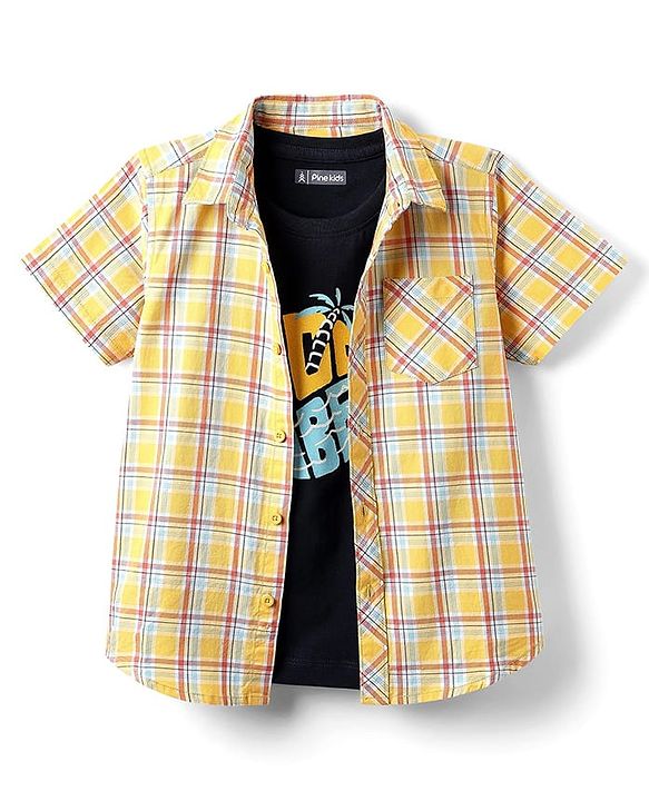 Pine Kids Cotton Woven Half Sleeves Checks Shirt With Sleeveless Text Printed T-Shirt - Yellow Orange & Navy Blue