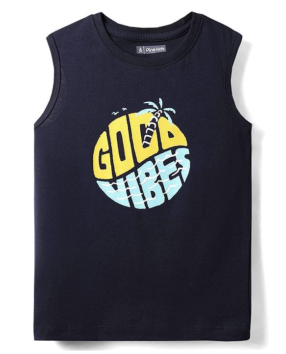 Pine Kids Cotton Woven Half Sleeves Checks Shirt With Sleeveless Text Printed T-Shirt - Yellow Orange & Navy Blue