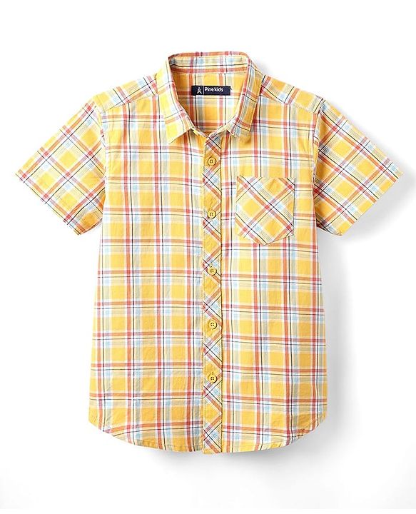 Pine Kids Cotton Woven Half Sleeves Checks Shirt With Sleeveless Text Printed T-Shirt - Yellow Orange & Navy Blue