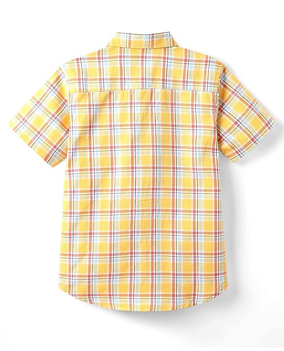 Pine Kids Cotton Woven Half Sleeves Checks Shirt With Sleeveless Text Printed T-Shirt - Yellow Orange & Navy Blue