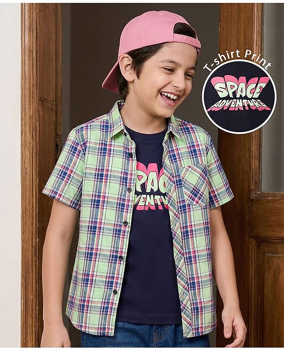 Pine Kids Cotton Woven Half Sleeves Checkered Shirt With T-Shirt - Light Green
