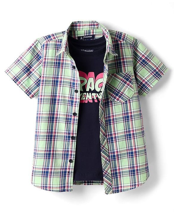 Pine Kids Cotton Woven Half Sleeves Checkered Shirt With T-Shirt - Light Green