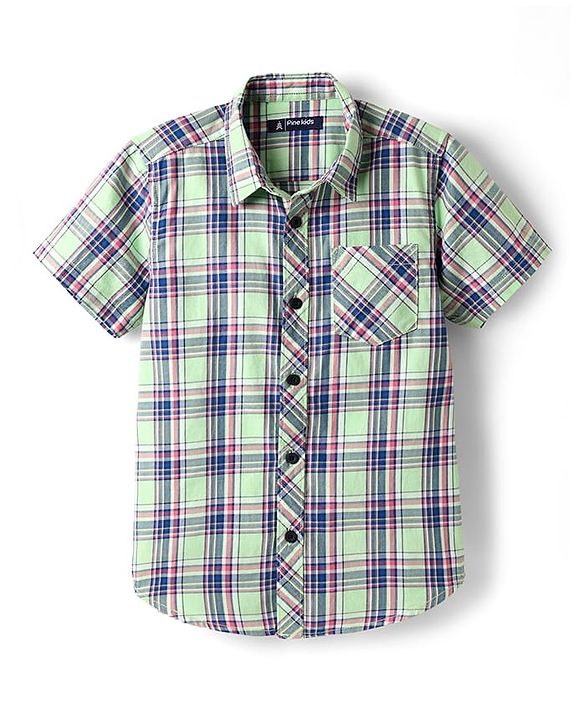 Pine Kids Cotton Woven Half Sleeves Checkered Shirt With T-Shirt - Light Green