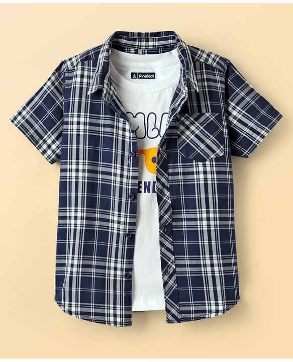 Pine Kids Cotton Woven Half Sleeves Checkered Shirt With T-Shirt - Navy Blue
