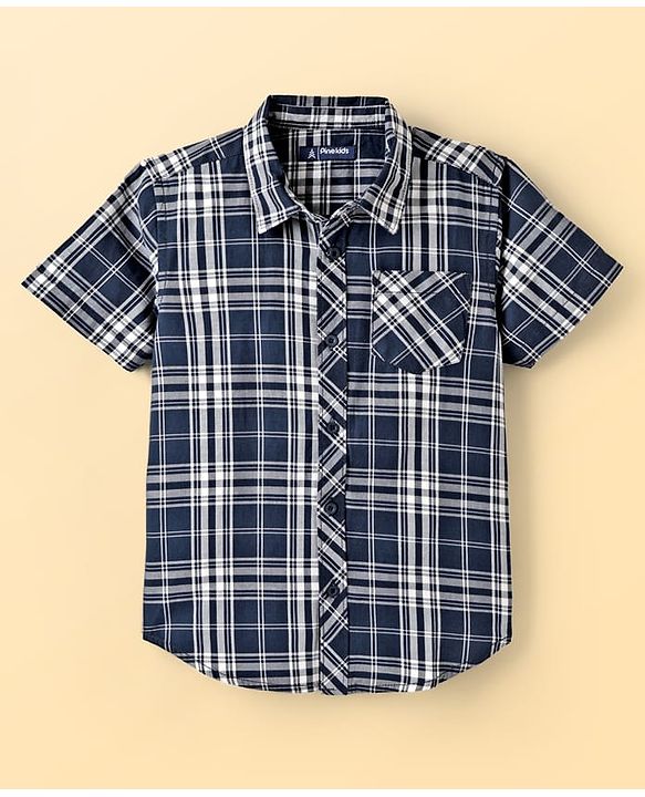 Pine Kids Cotton Woven Half Sleeves Checkered Shirt With T-Shirt - Navy Blue