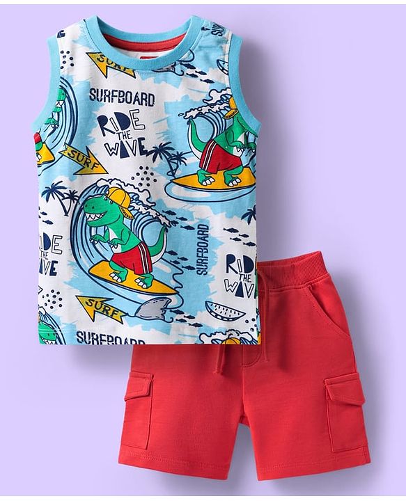 Babyhug Single Jersey Knit Sleeveless Tank T-Shirt & Shorts Set With Surfing Dino Print - White & Red
