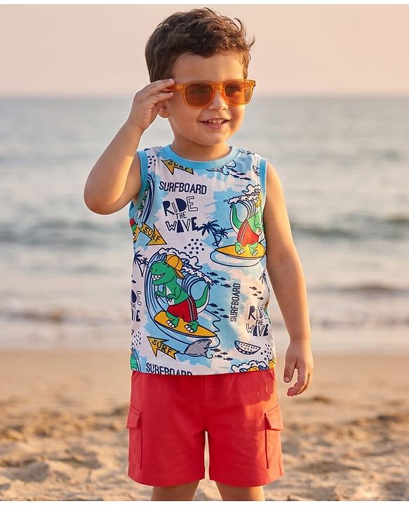 Babyhug Single Jersey Knit Sleeveless Tank T-Shirt & Shorts Set With Surfing Dino Print - White & Red