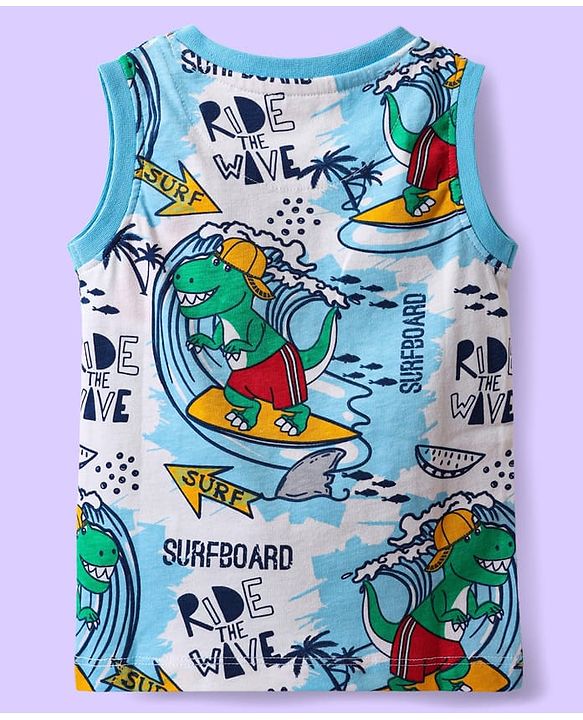 Babyhug Single Jersey Knit Sleeveless Tank T-Shirt & Shorts Set With Surfing Dino Print - White & Red