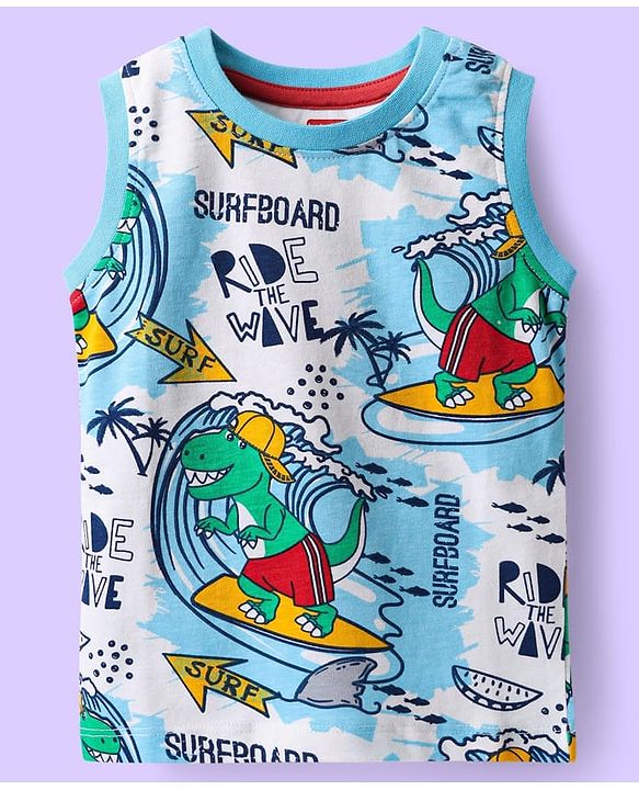 Babyhug Single Jersey Knit Sleeveless Tank T-Shirt & Shorts Set With Surfing Dino Print - White & Red