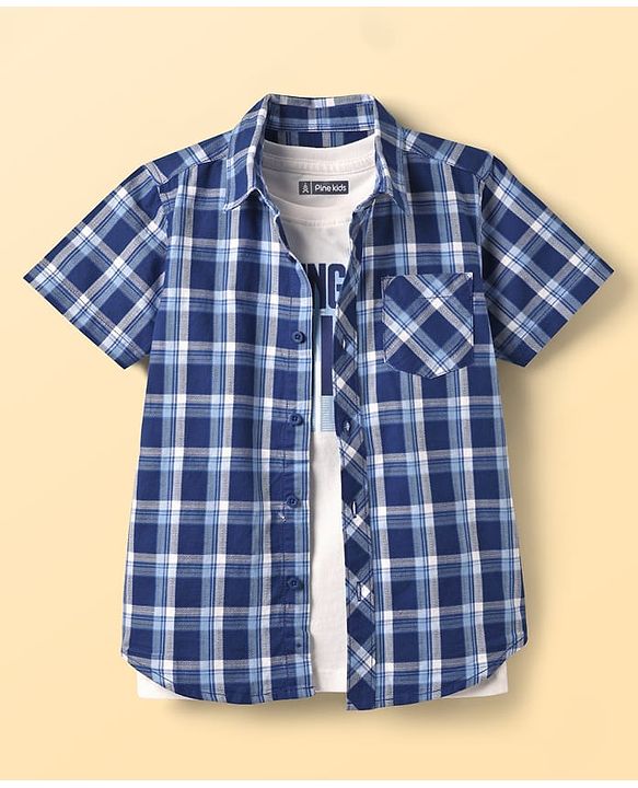 Pine Kids Cotton Woven Half Sleeves Checks Shirt With Sleeveless Text Printed T-Shirt - White & Navy Blue