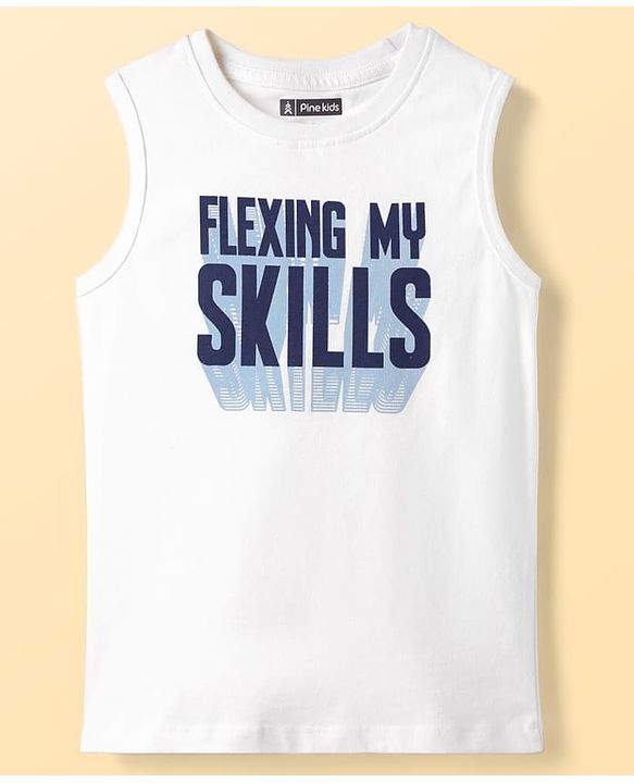 Pine Kids Cotton Woven Half Sleeves Checks Shirt With Sleeveless Text Printed T-Shirt - White & Navy Blue