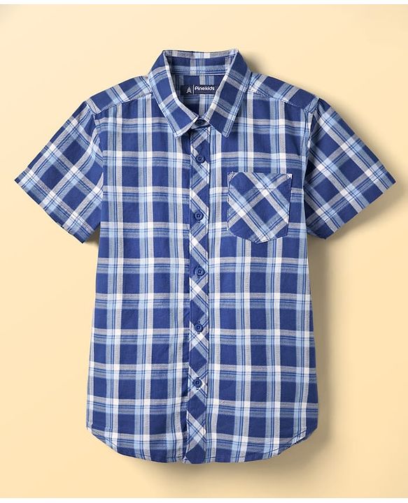 Pine Kids Cotton Woven Half Sleeves Checks Shirt With Sleeveless Text Printed T-Shirt - White & Navy Blue