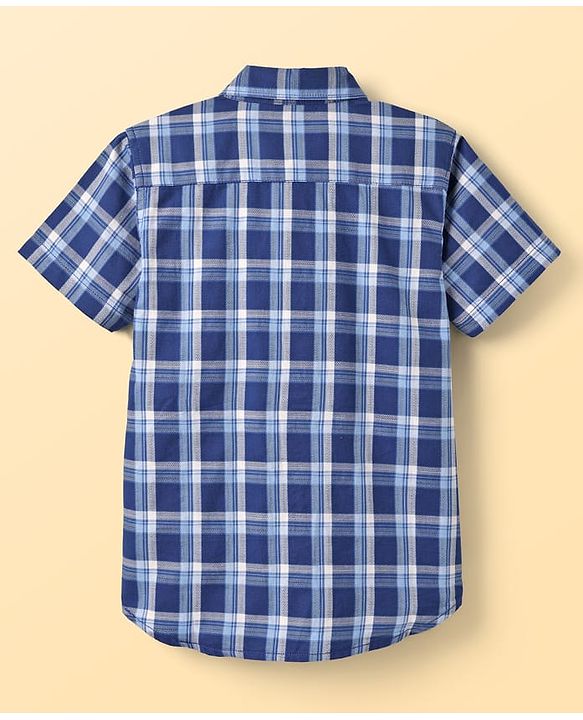 Pine Kids Cotton Woven Half Sleeves Checks Shirt With Sleeveless Text Printed T-Shirt - White & Navy Blue