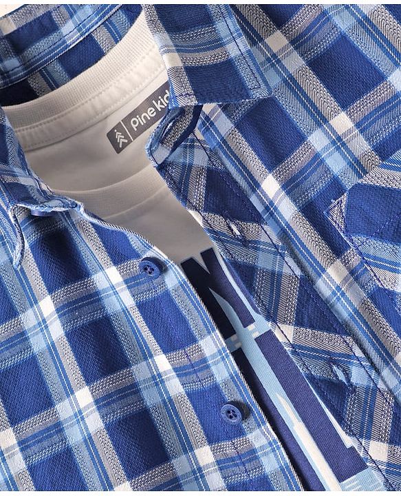 Pine Kids Cotton Woven Half Sleeves Checks Shirt With Sleeveless Text Printed T-Shirt - White & Navy Blue