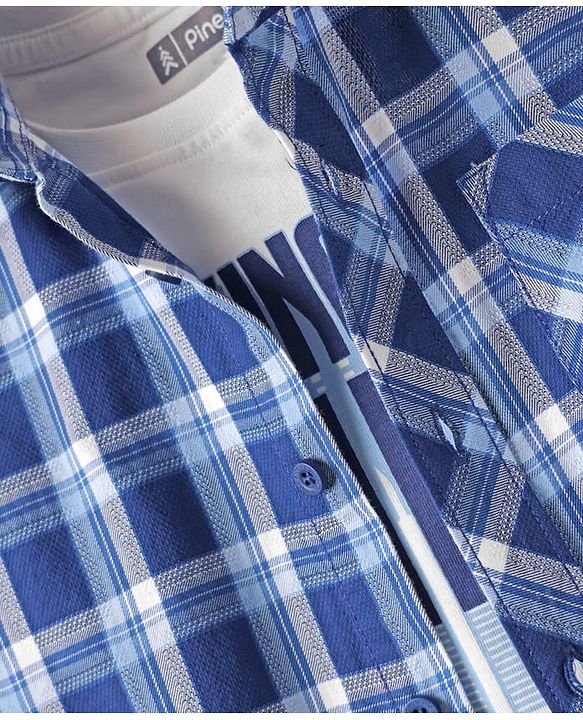 Pine Kids Cotton Woven Half Sleeves Checks Shirt With Sleeveless Text Printed T-Shirt - White & Navy Blue