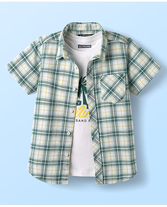 Pine Kids Cotton Woven Half Sleeves Checks Shirt With Sleeveless Beach Theme Printed T-Shirt - White & Teal Blue