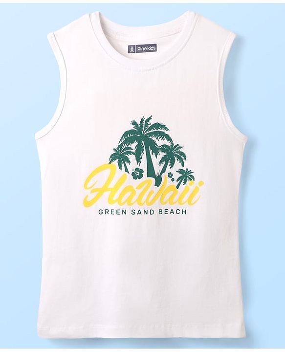 Pine Kids Cotton Woven Half Sleeves Checks Shirt With Sleeveless Beach Theme Printed T-Shirt - White & Teal Blue