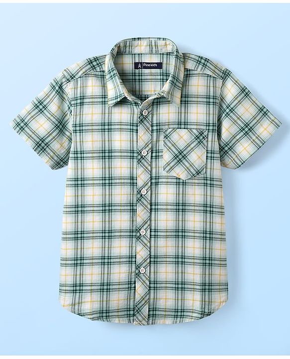 Pine Kids Cotton Woven Half Sleeves Checks Shirt With Sleeveless Beach Theme Printed T-Shirt - White & Teal Blue