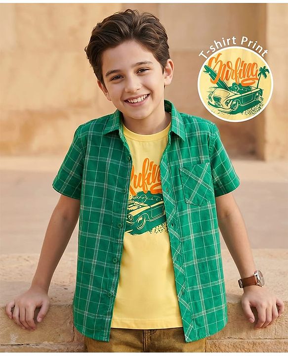 Pine Kids Cotton Woven Half Sleeves Checks Shirt With Sleeveless Text Printed T-Shirt - Green & Yellow