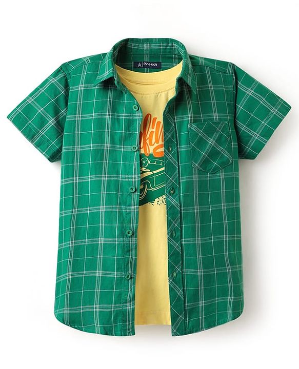 Pine Kids Cotton Woven Half Sleeves Checks Shirt With Sleeveless Text Printed T-Shirt - Green & Yellow
