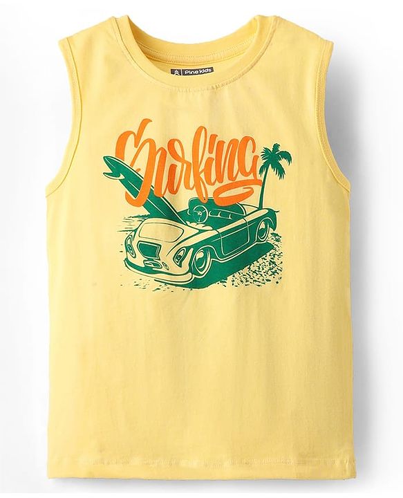 Pine Kids Cotton Woven Half Sleeves Checks Shirt With Sleeveless Text Printed T-Shirt - Green & Yellow