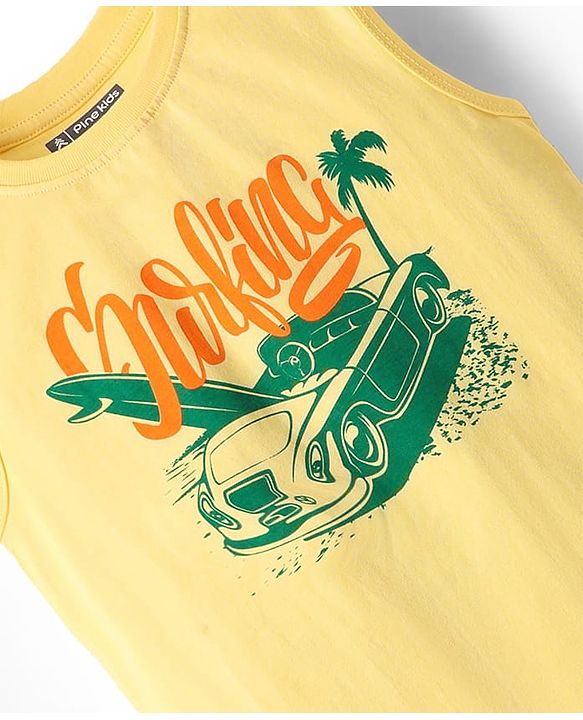 Pine Kids Cotton Woven Half Sleeves Checks Shirt With Sleeveless Text Printed T-Shirt - Green & Yellow