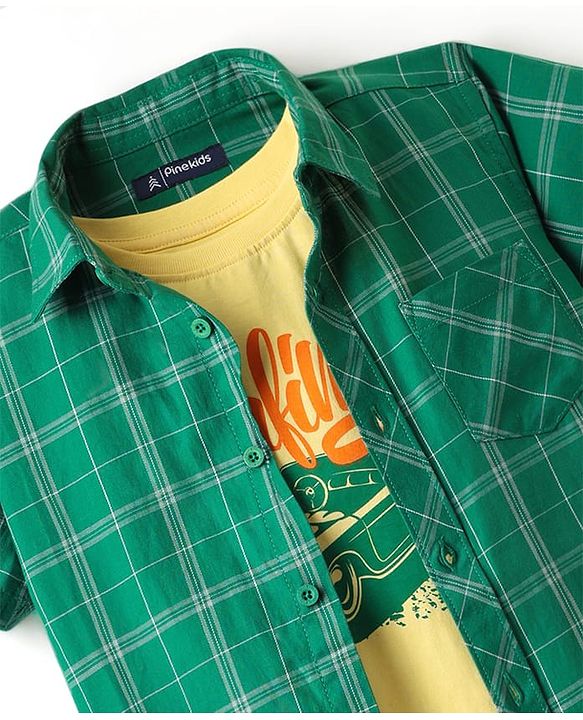 Pine Kids Cotton Woven Half Sleeves Checks Shirt With Sleeveless Text Printed T-Shirt - Green & Yellow