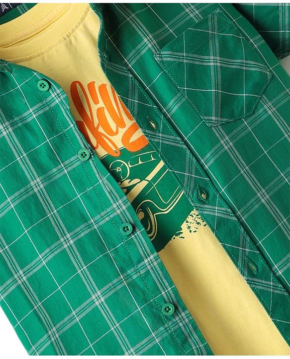 Pine Kids Cotton Woven Half Sleeves Checks Shirt With Sleeveless Text Printed T-Shirt - Green & Yellow