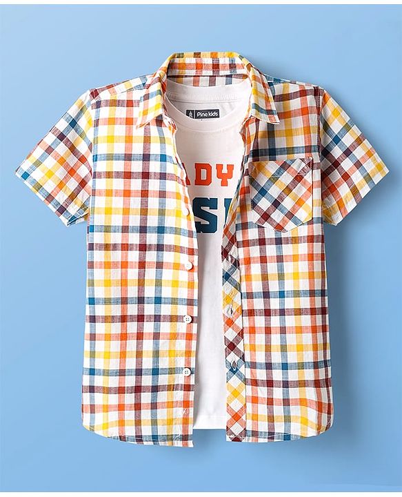 Pine Kids Cotton Woven Half Sleeves Checkered Shirt With T-Shirt - Multicolour