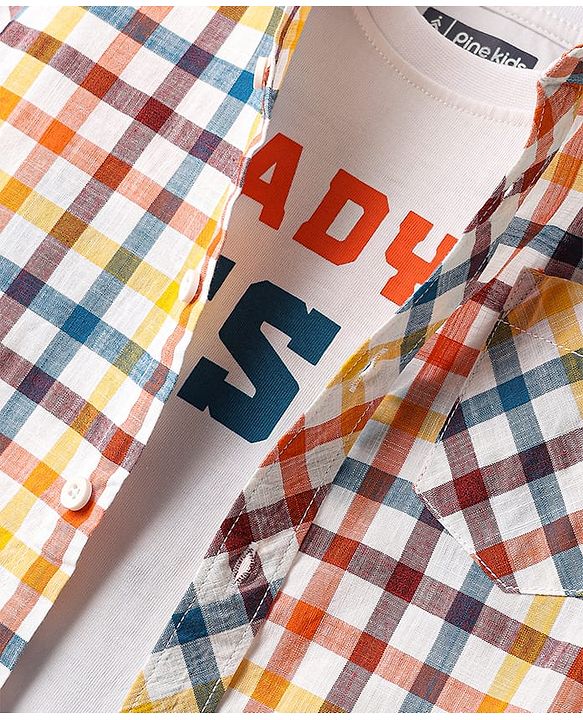 Pine Kids Cotton Woven Half Sleeves Checkered Shirt With T-Shirt - Multicolour
