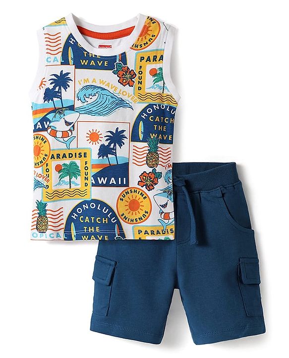 Babyhug Single Jersey Knit Sleeveless Tank T-Shirt & Shorts Set With Beach Theme Print - White & Blue