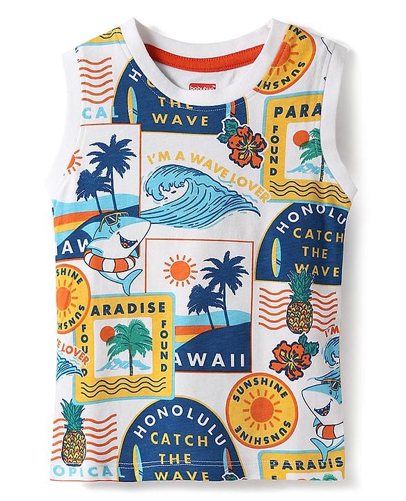 Babyhug Single Jersey Knit Sleeveless Tank T-Shirt & Shorts Set With Beach Theme Print - White & Blue