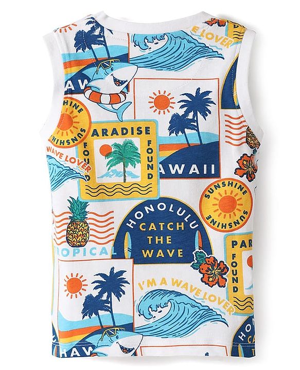 Babyhug Single Jersey Knit Sleeveless Tank T-Shirt & Shorts Set With Beach Theme Print - White & Blue