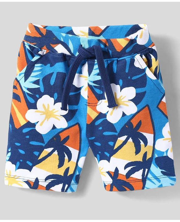 Babyhug Single Jersey Knit Sleeveless Tank T-Shirt & Shorts Co-Ord Set With Beach Theme & Floral Print - Blue