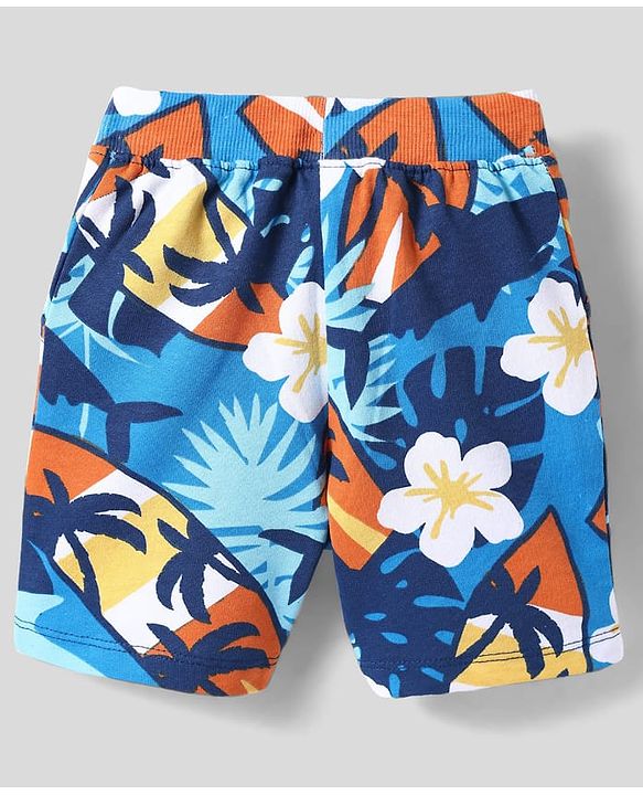 Babyhug Single Jersey Knit Sleeveless Tank T-Shirt & Shorts Co-Ord Set With Beach Theme & Floral Print - Blue