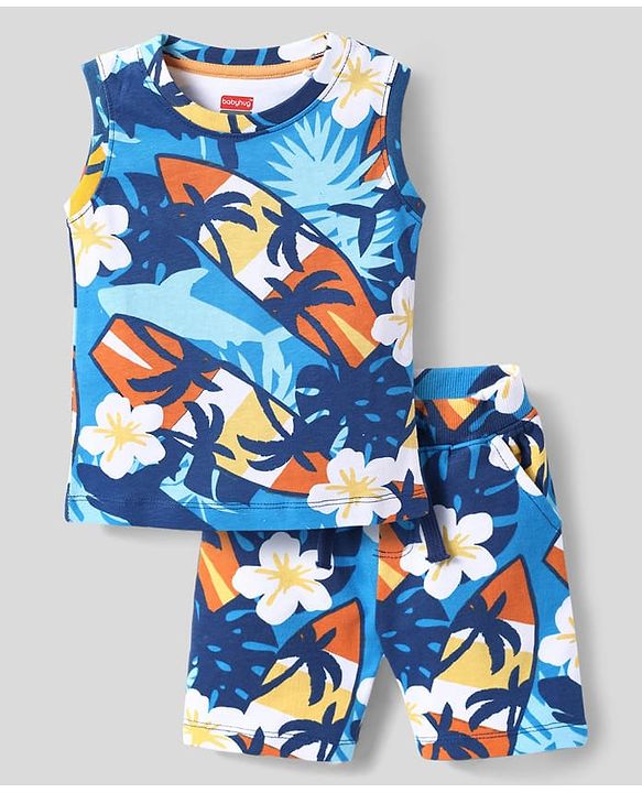 Babyhug Single Jersey Knit Sleeveless Tank T-Shirt & Shorts Co-Ord Set With Beach Theme & Floral Print - Blue