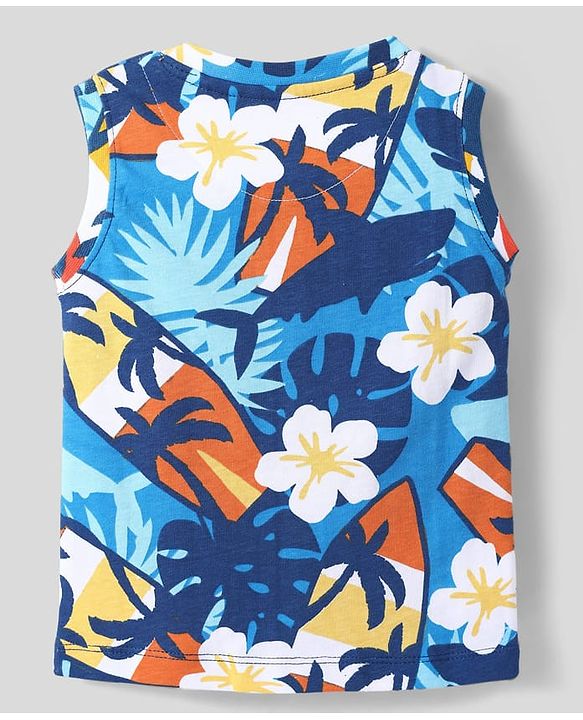 Babyhug Single Jersey Knit Sleeveless Tank T-Shirt & Shorts Co-Ord Set With Beach Theme & Floral Print - Blue