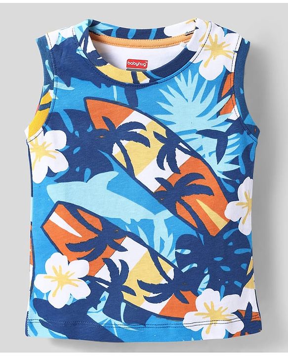 Babyhug Single Jersey Knit Sleeveless Tank T-Shirt & Shorts Co-Ord Set With Beach Theme & Floral Print - Blue