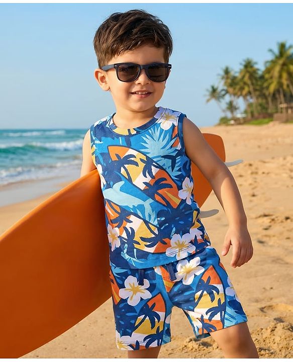 Babyhug Single Jersey Knit Sleeveless Tank T-Shirt & Shorts Co-Ord Set With Beach Theme & Floral Print - Blue