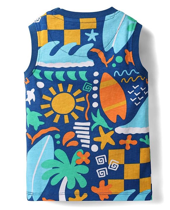 Babyhug Single Jersey Knit Sleeveless Tank T-Shirt & Shorts Set With Beach Theme Print - Blue & Yellow