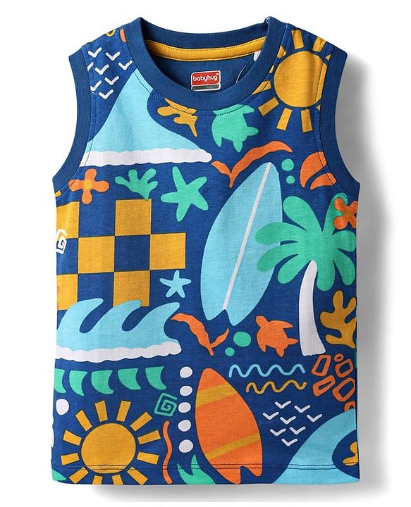 Babyhug Single Jersey Knit Sleeveless Tank T-Shirt & Shorts Set With Beach Theme Print - Blue & Yellow