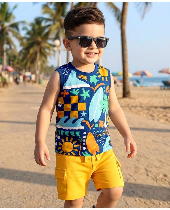 Babyhug Single Jersey Knit Sleeveless Tank T-Shirt & Shorts Set With Beach Theme Print - Blue & Yellow