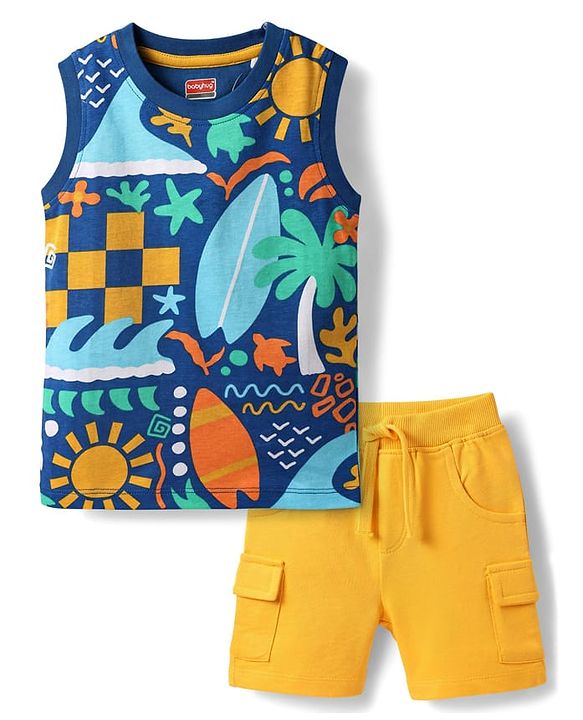 Babyhug Single Jersey Knit Sleeveless Tank T-Shirt & Shorts Set With Beach Theme Print - Blue & Yellow