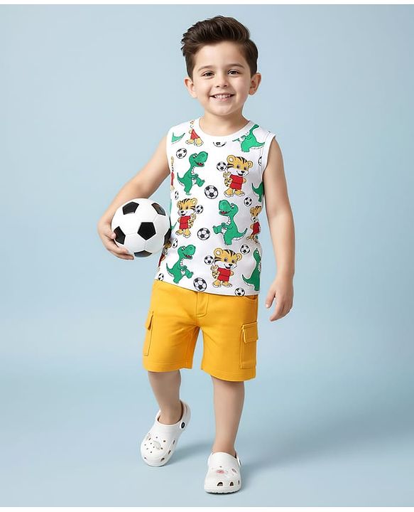 Babyhug Single Jersey Knit Sleeveless Tank T-Shirt & Shorts Set With Animal Print - White & Yellow