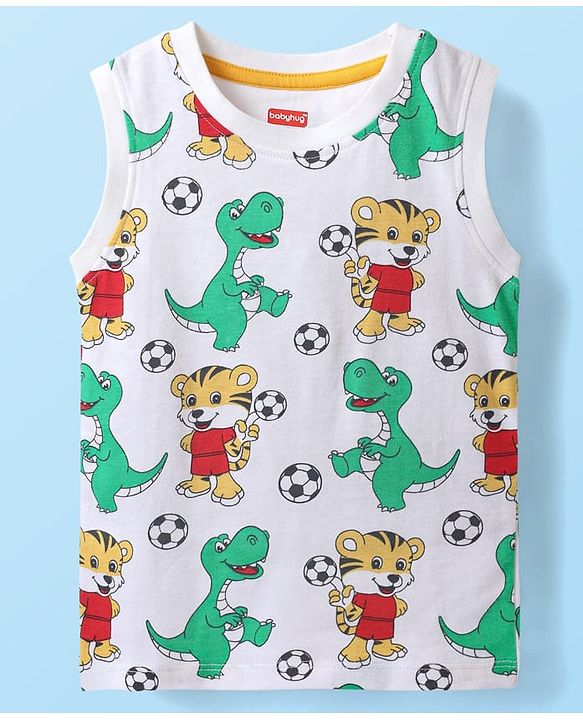 Babyhug Single Jersey Knit Sleeveless Tank T-Shirt & Shorts Set With Animal Print - White & Yellow
