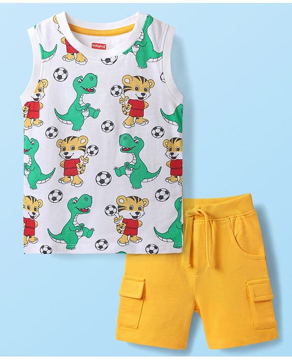 Babyhug Single Jersey Knit Sleeveless Tank T-Shirt & Shorts Set With Animal Print - White & Yellow