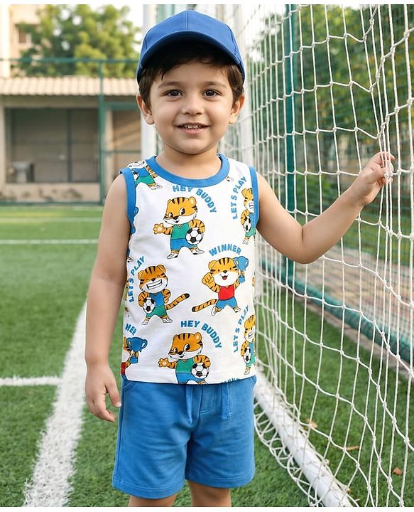 Babyhug Single Jersey Knit Sleeveless Tank T-Shirt & Shorts Set with Tiger Print - Blue